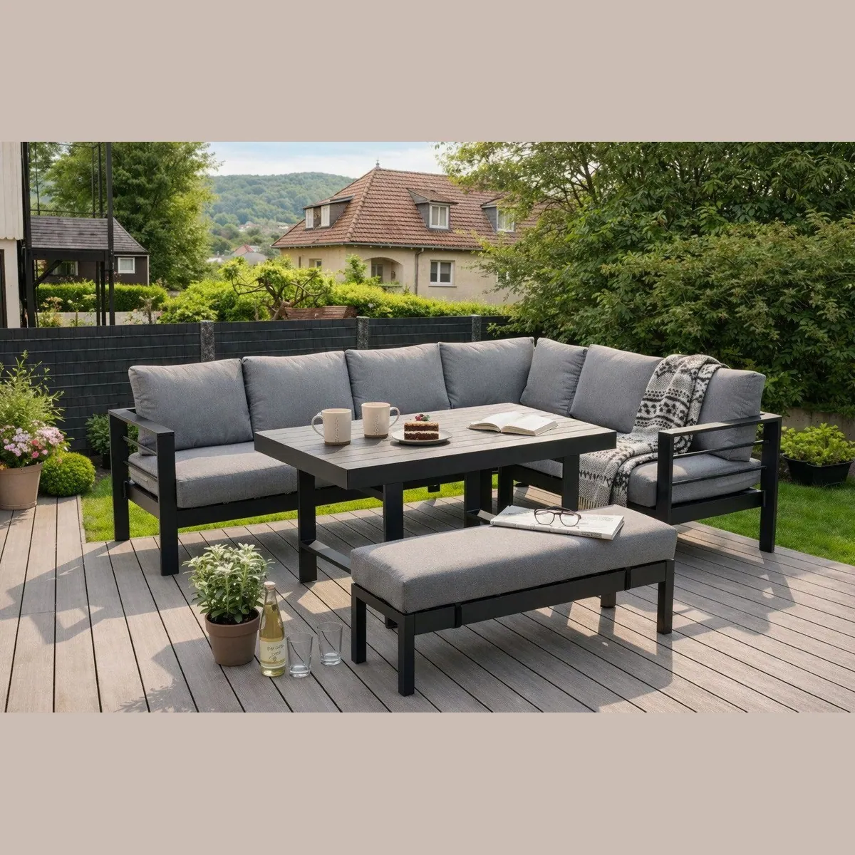 MeXo Gartenlounge-Set XXL, wetterfeste Aluminium-Ecklounge mit Esstisch – für 6-8 Personen