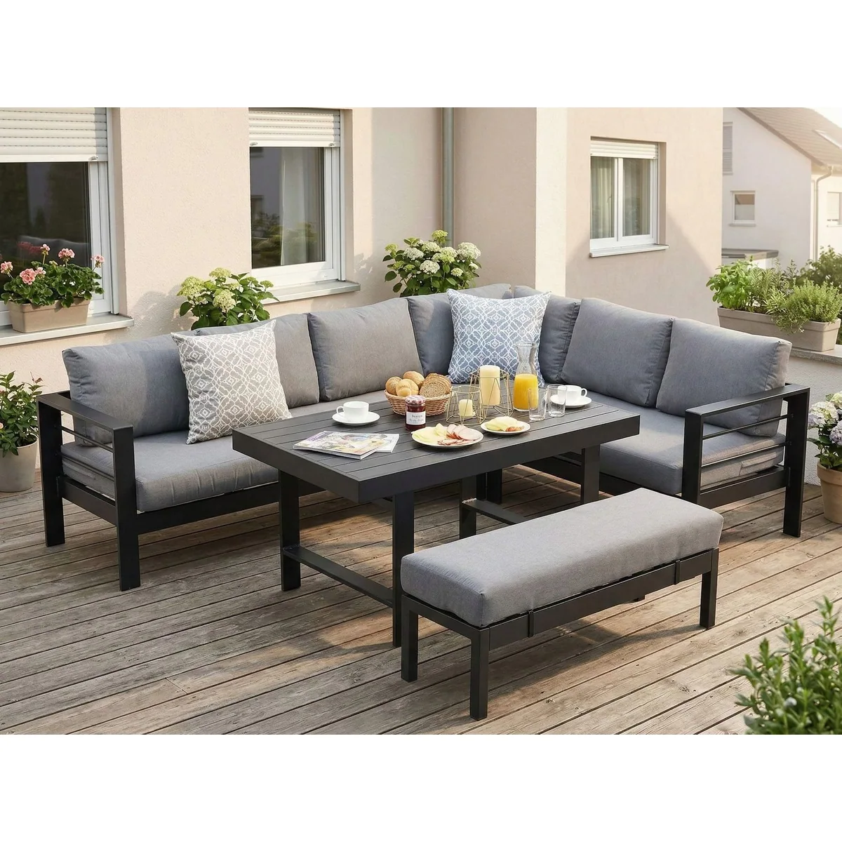 MeXo Gartenlounge-Set XXL, wetterfeste Aluminium-Ecklounge mit Esstisch – für 6-8 Personen 3