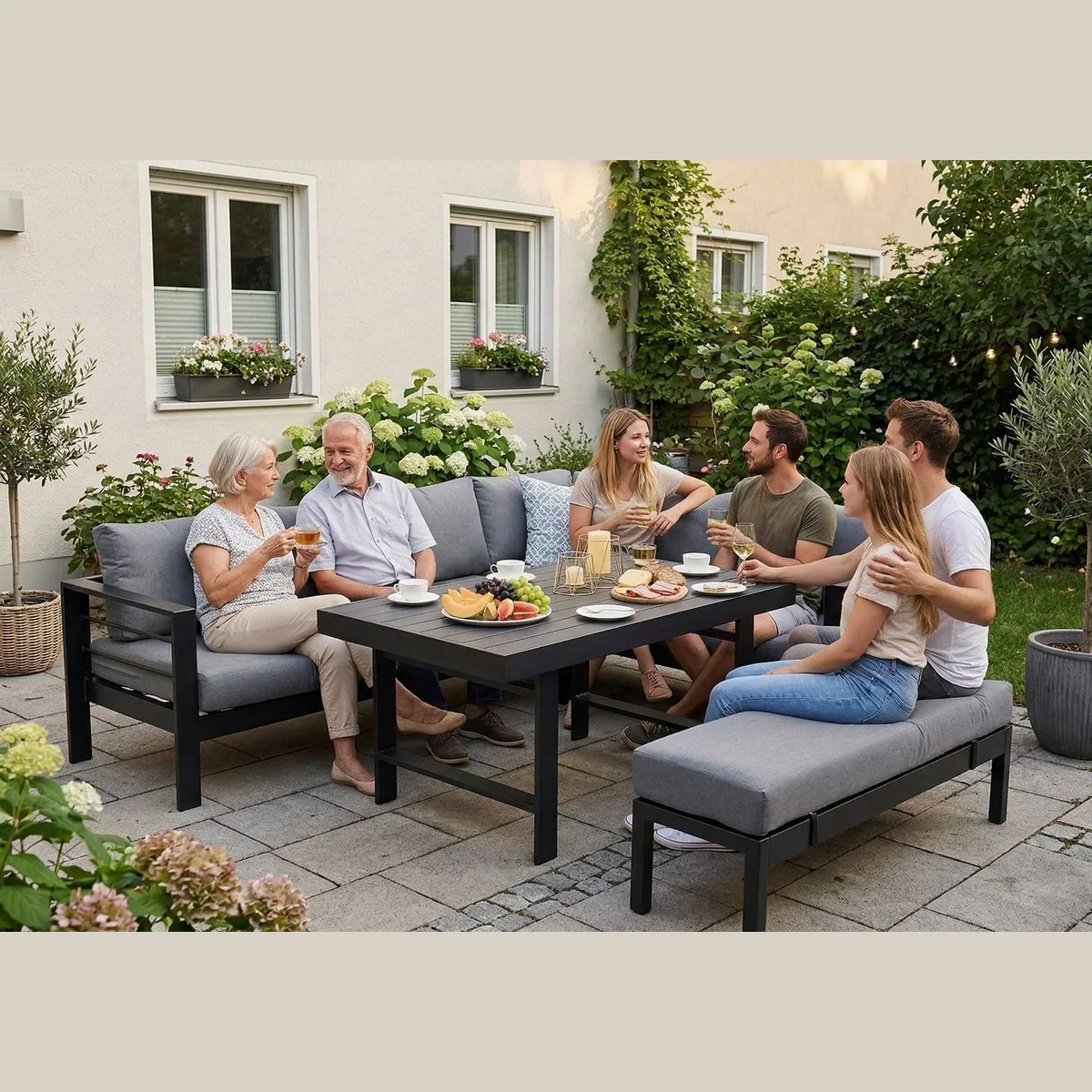 MeXo Gartenlounge-Set XXL, wetterfeste Aluminium-Ecklounge mit Esstisch – für 6-8 Personen 4