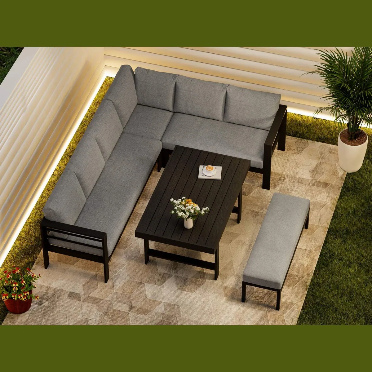 MeXo Gartenlounge-Set XXL, wetterfeste Aluminium-Ecklounge mit Esstisch – für 6-8 Personen 5