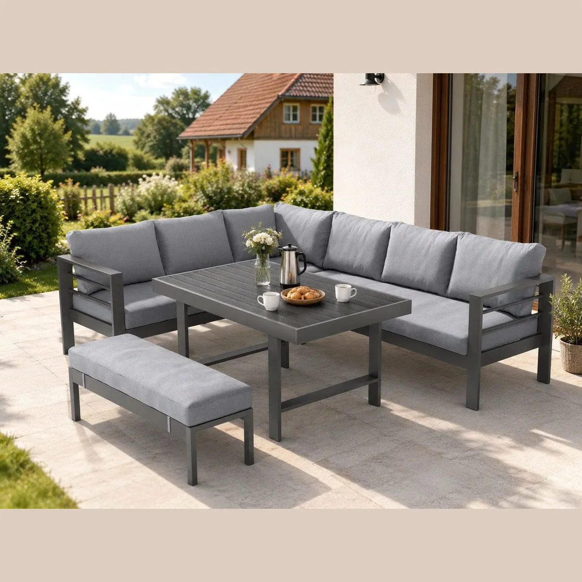 MeXo Gartenlounge-Set, wetterfest & pflegeleicht, für 6-8 Personen — Aluminiumrahmen, komfortable Kissen, einfacher Aufbau