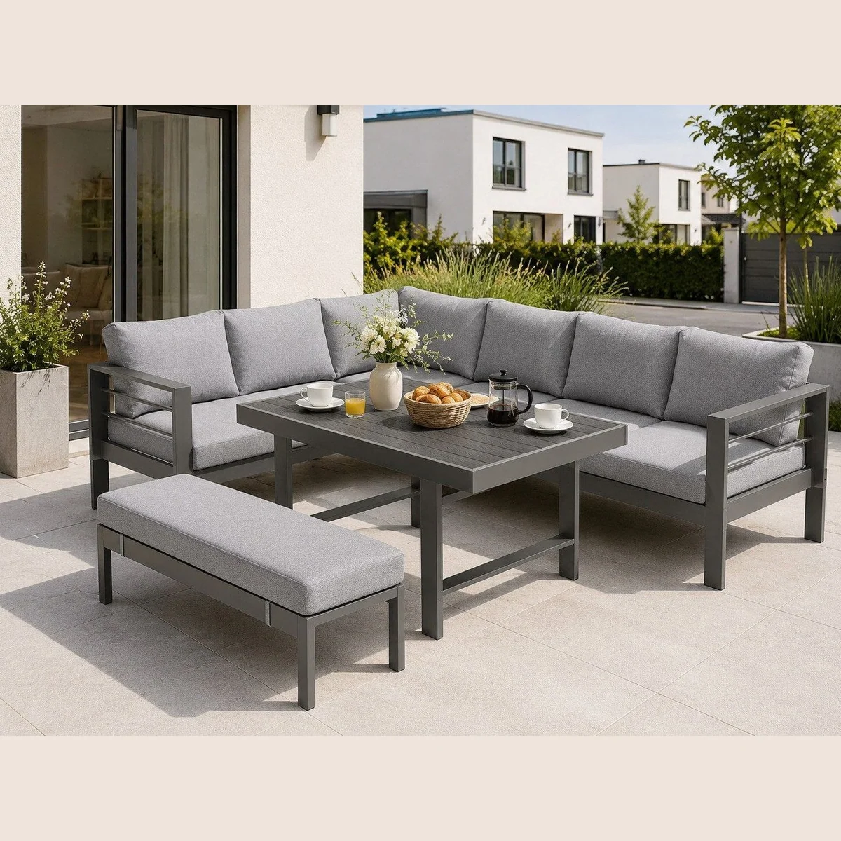 MeXo Gartenlounge-Set XXL, wetterfest, Aluminium, pflegeleichte Tischplatte