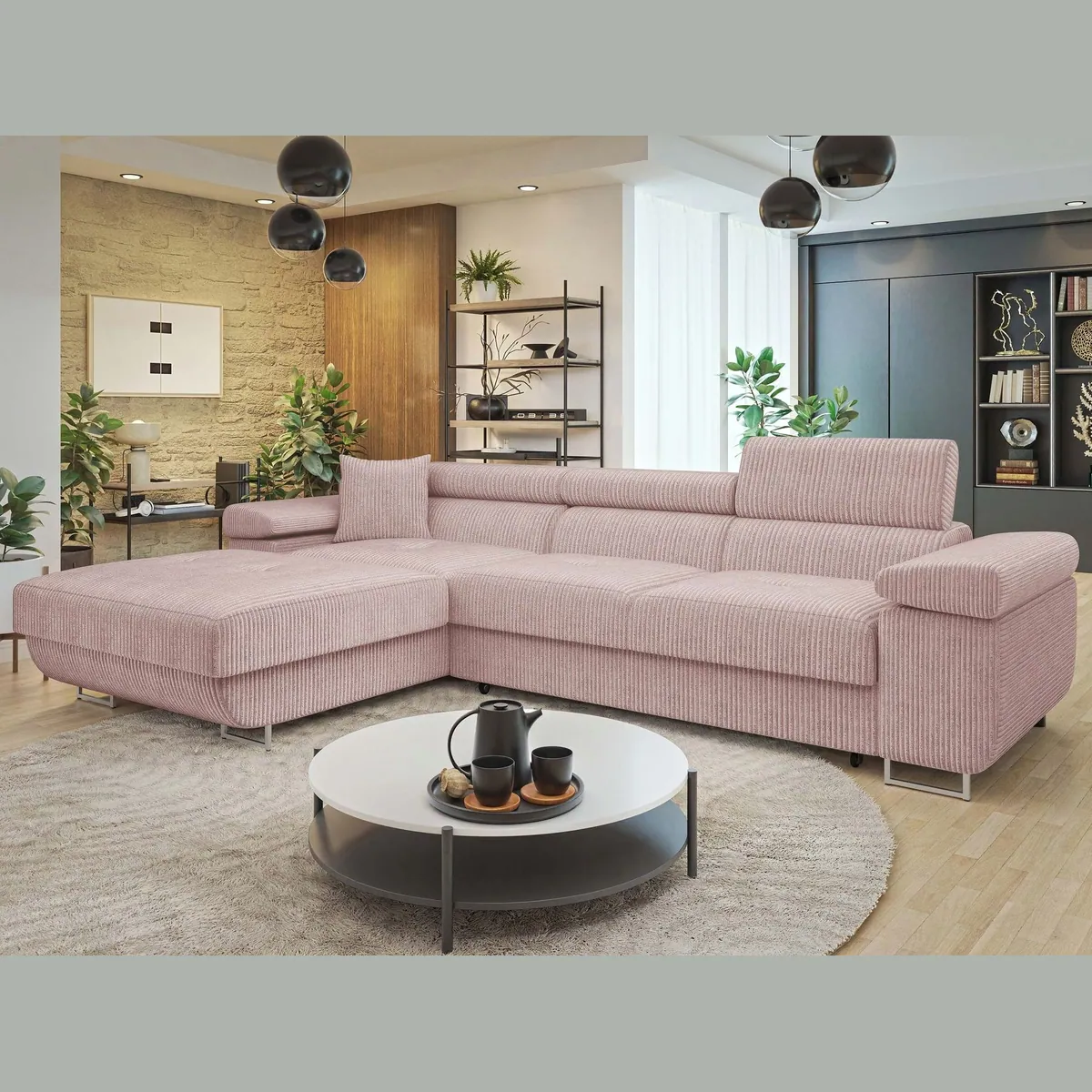 MIRJAN24 Ecksofa Torezio Mini Cord, mit Bettkasten, Schlaffunktion und einstellbaren Kopfstützen