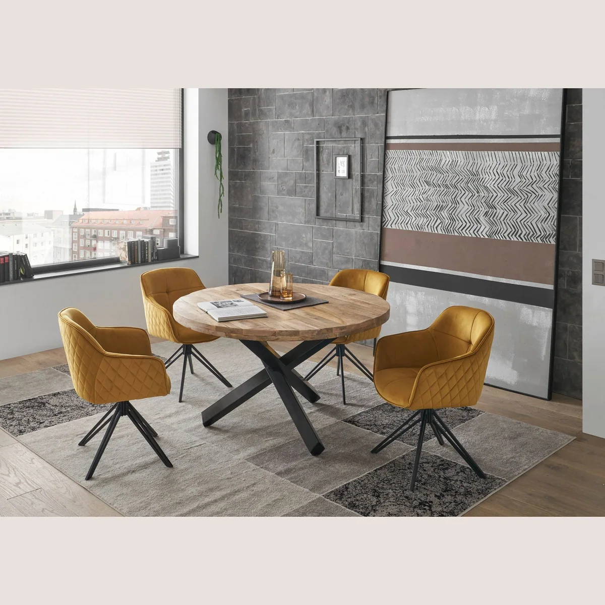 moebel-dich-auf Esszimmer-Set ACE, runder Tisch aus Mangoholz mit 4 drehbaren Stühlen