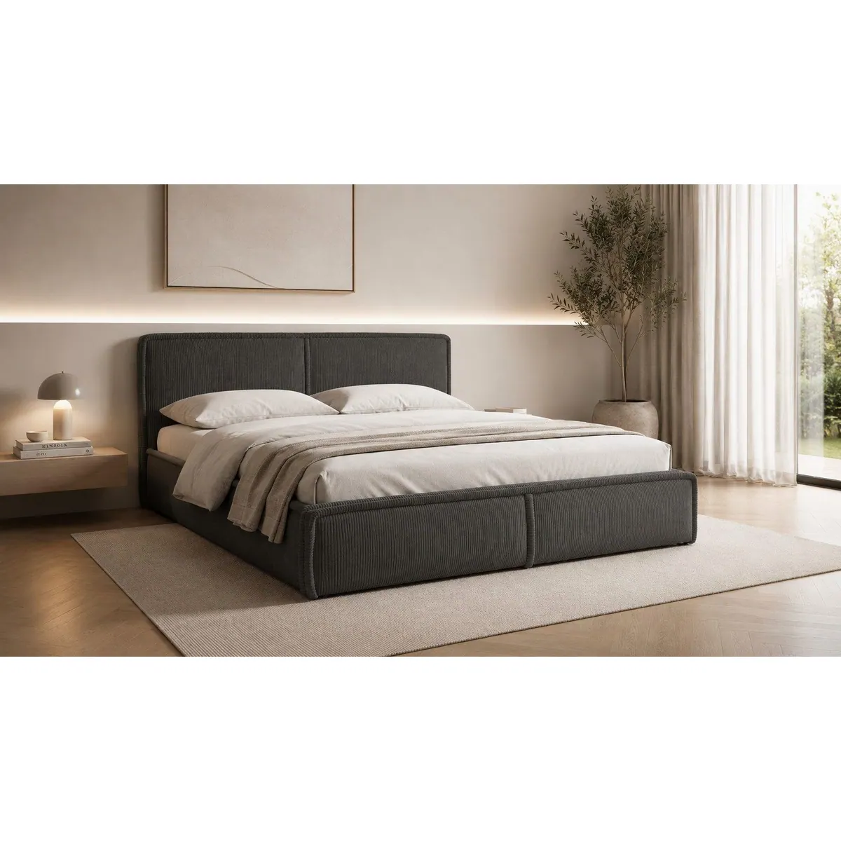MOEBLO Polsterbett Bett 04, Cord-Bezug, Doppelbett mit Bettkasten und Kopfstütze