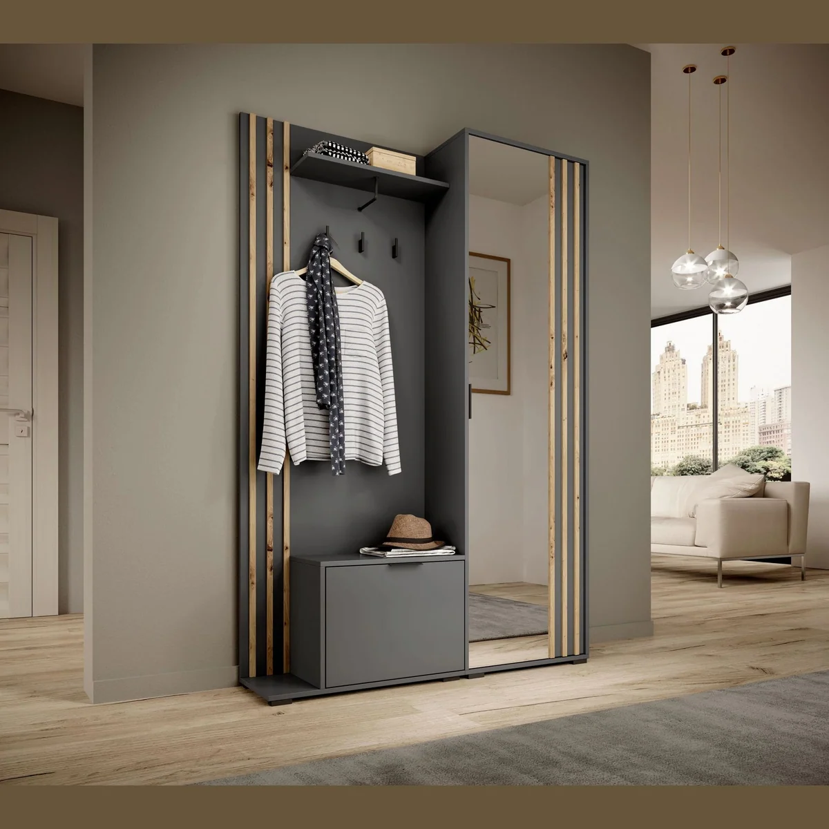 MOEBLO Kompaktgarderobe JOHN, mit Spiegel, vielseitiger Stauraum, modernes Design 4