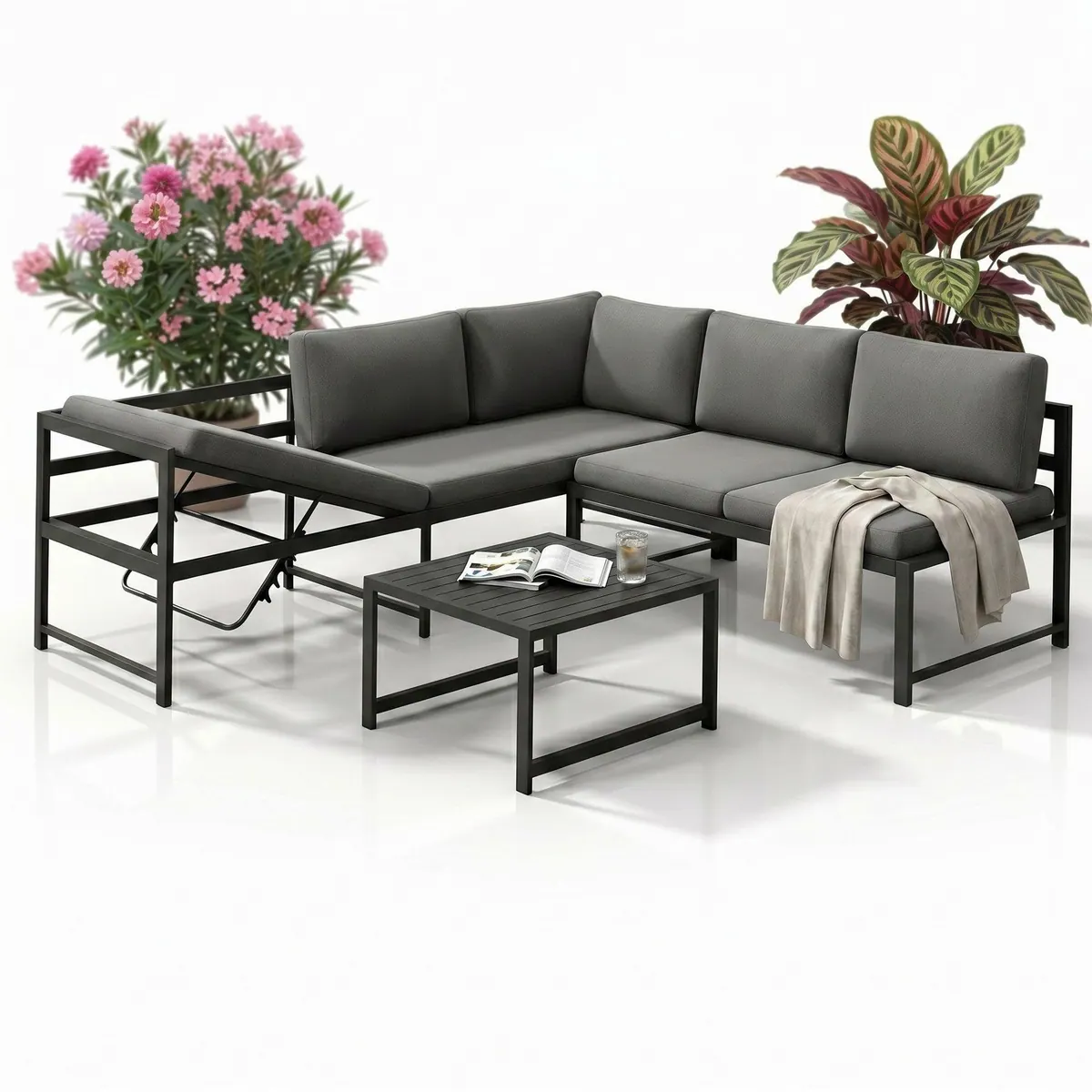 Mucola Gartenlounge-Set Ecksofa, wetterfest mit Liegefunktion — 3-teilig, verstellbare Rückenlehne, stabiler Aluminiumrahmen