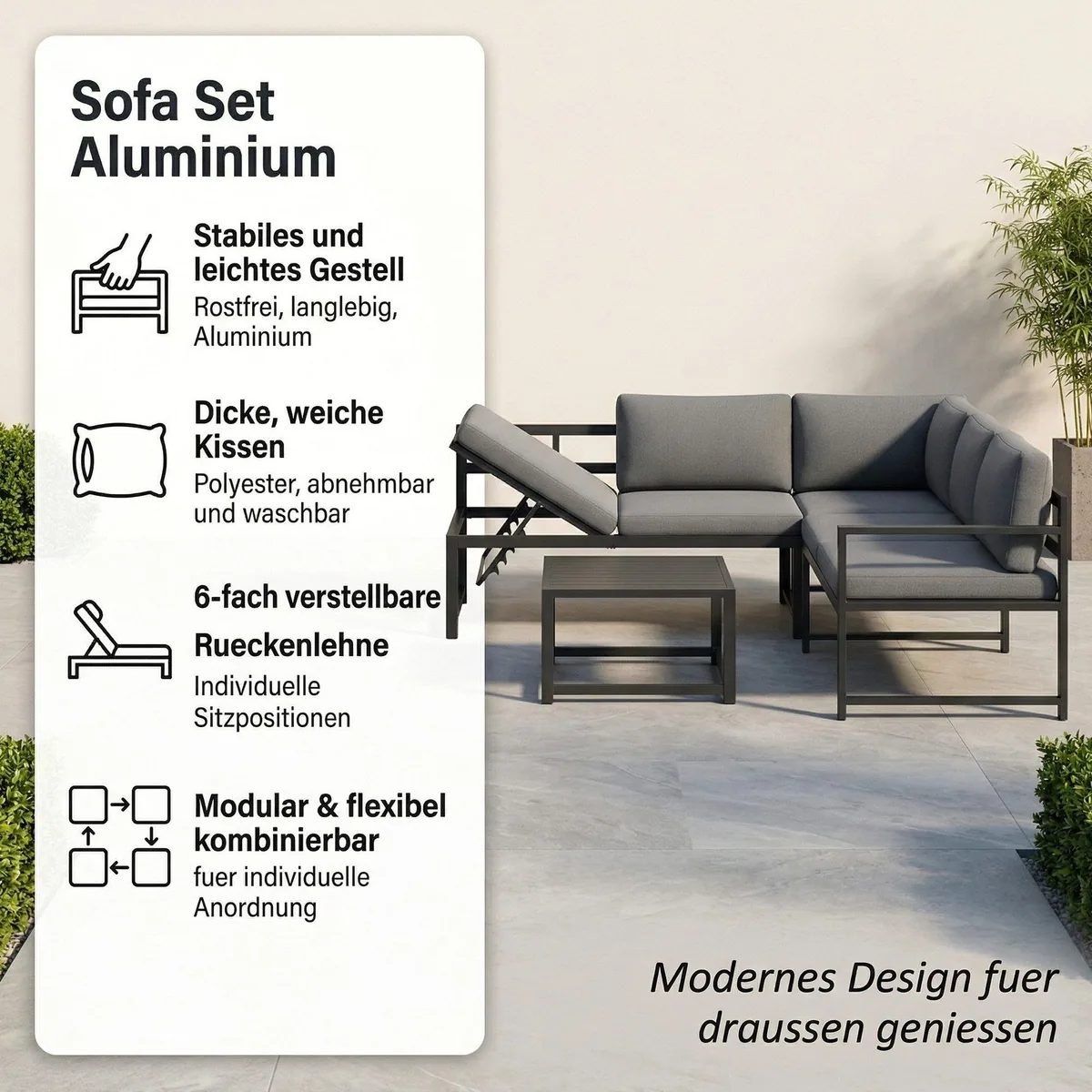 Mucola Gartenlounge-Set Ecksofa, wetterfest mit Liegefunktion — 3-teilig, verstellbare Rückenlehne, stabiler Aluminiumrahmen 2