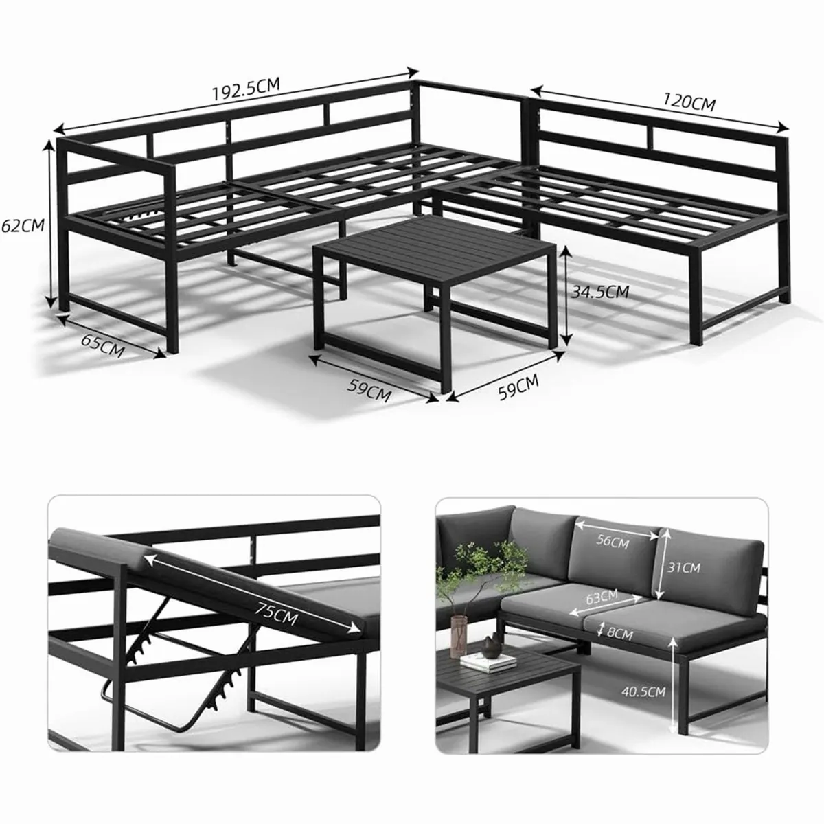 Mucola Gartenlounge-Set Ecksofa, wetterfest mit Liegefunktion — 3-teilig, verstellbare Rückenlehne, stabiler Aluminiumrahmen 3