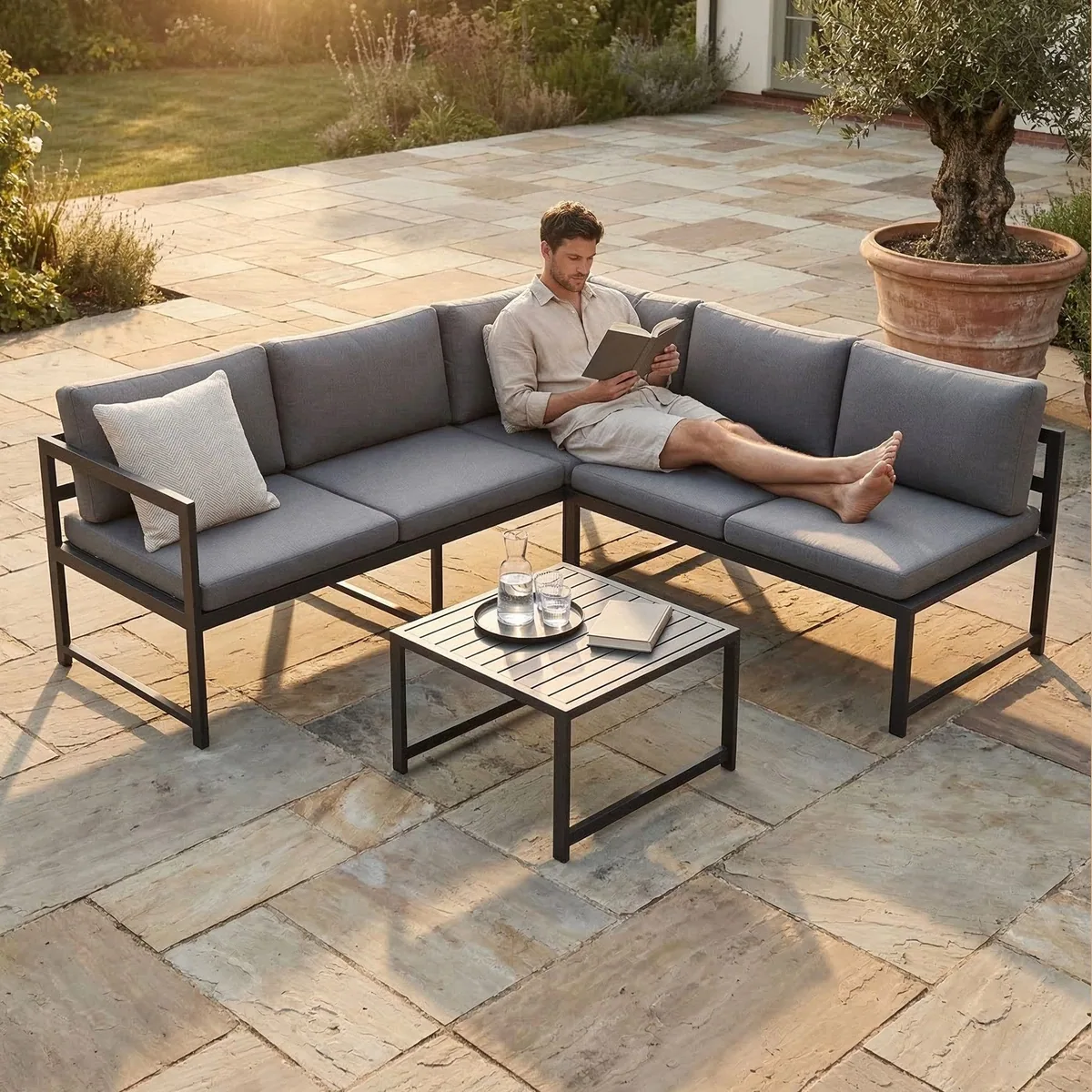 Mucola Gartenlounge-Set Ecksofa, wetterfest mit Liegefunktion — 3-teilig, verstellbare Rückenlehne, stabiler Aluminiumrahmen 4