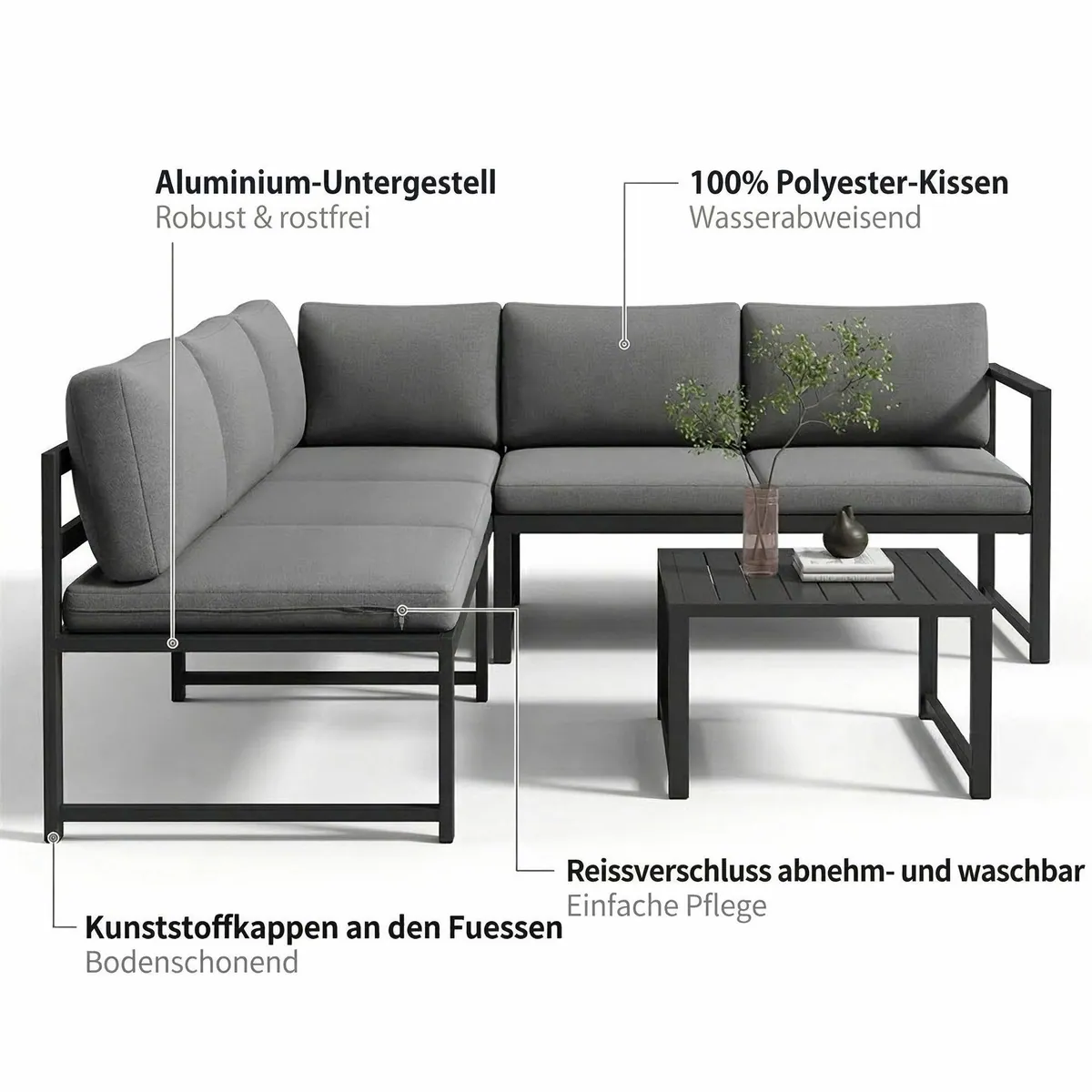 Mucola Gartenlounge-Set Ecksofa, wetterfest mit Liegefunktion — 3-teilig, verstellbare Rückenlehne, stabiler Aluminiumrahmen 5