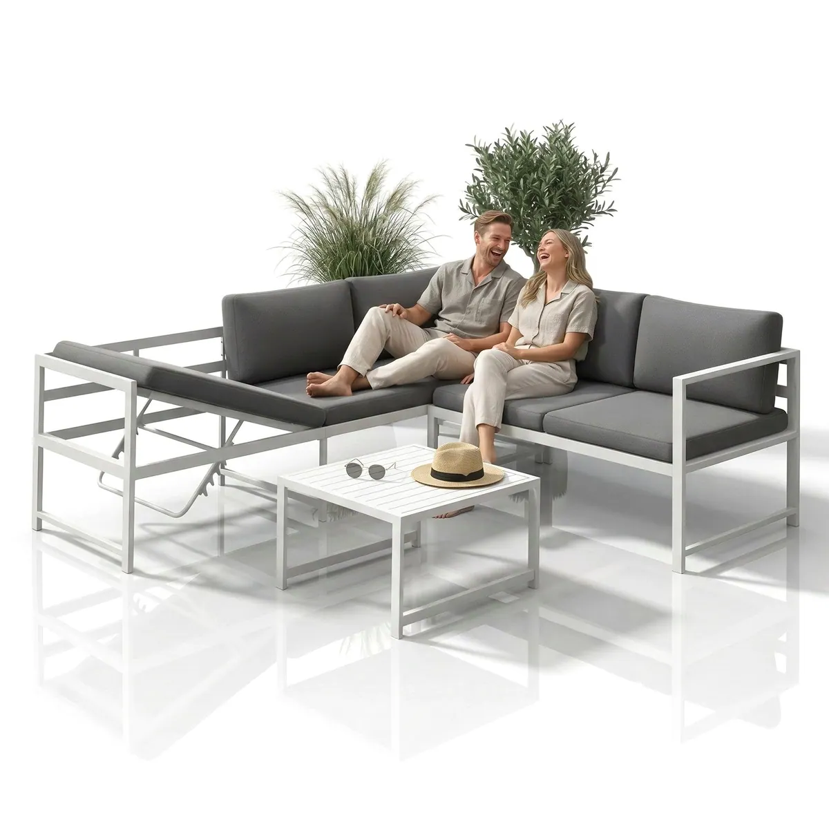 Mucola Gartenlounge-Set Ecklounge, wetterfest, mit Liegefunktion — 3-teilig, Aluminium, komfortable Auflagen