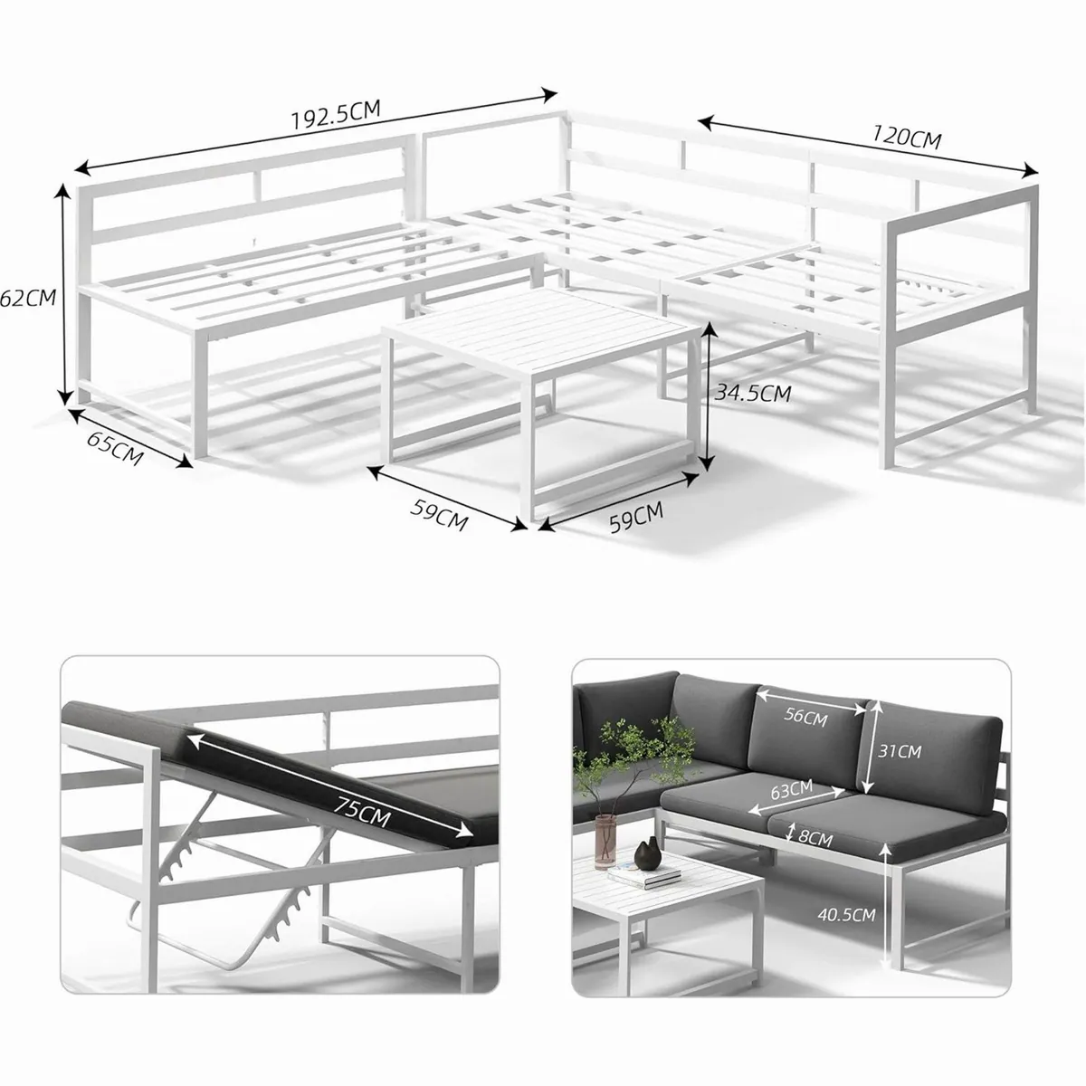 Mucola Gartenlounge-Set Ecklounge, wetterfest, mit Liegefunktion — 3-teilig, Aluminium, komfortable Auflagen 3