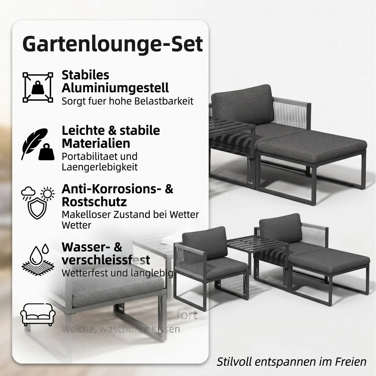 Mucola Aluminium Gartenlounge-Set, modular & wetterfest – 4-teilig für Terrasse, Balkon & Garten 2