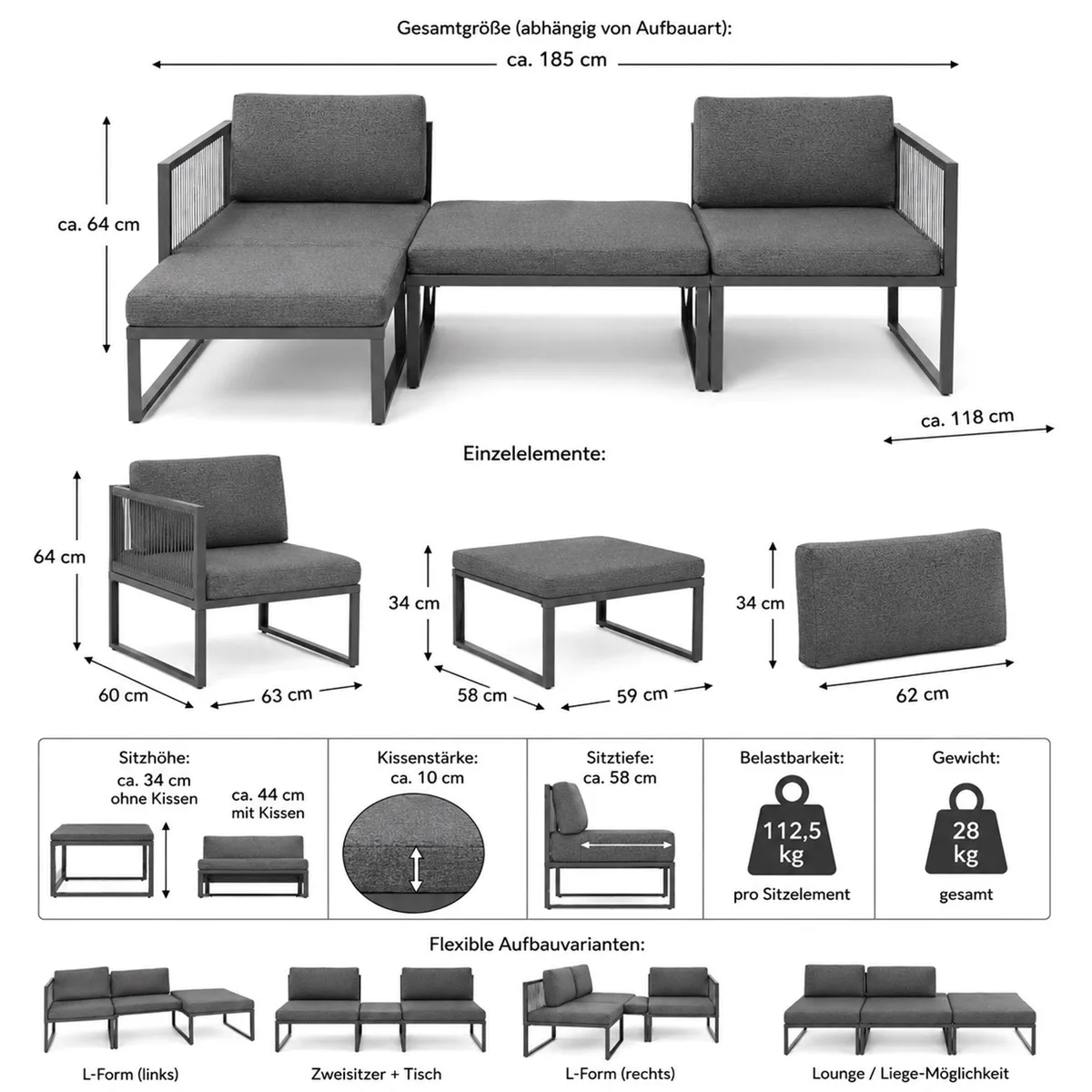 Mucola Aluminium Gartenlounge-Set, modular & wetterfest – 4-teilig für Terrasse, Balkon & Garten 3