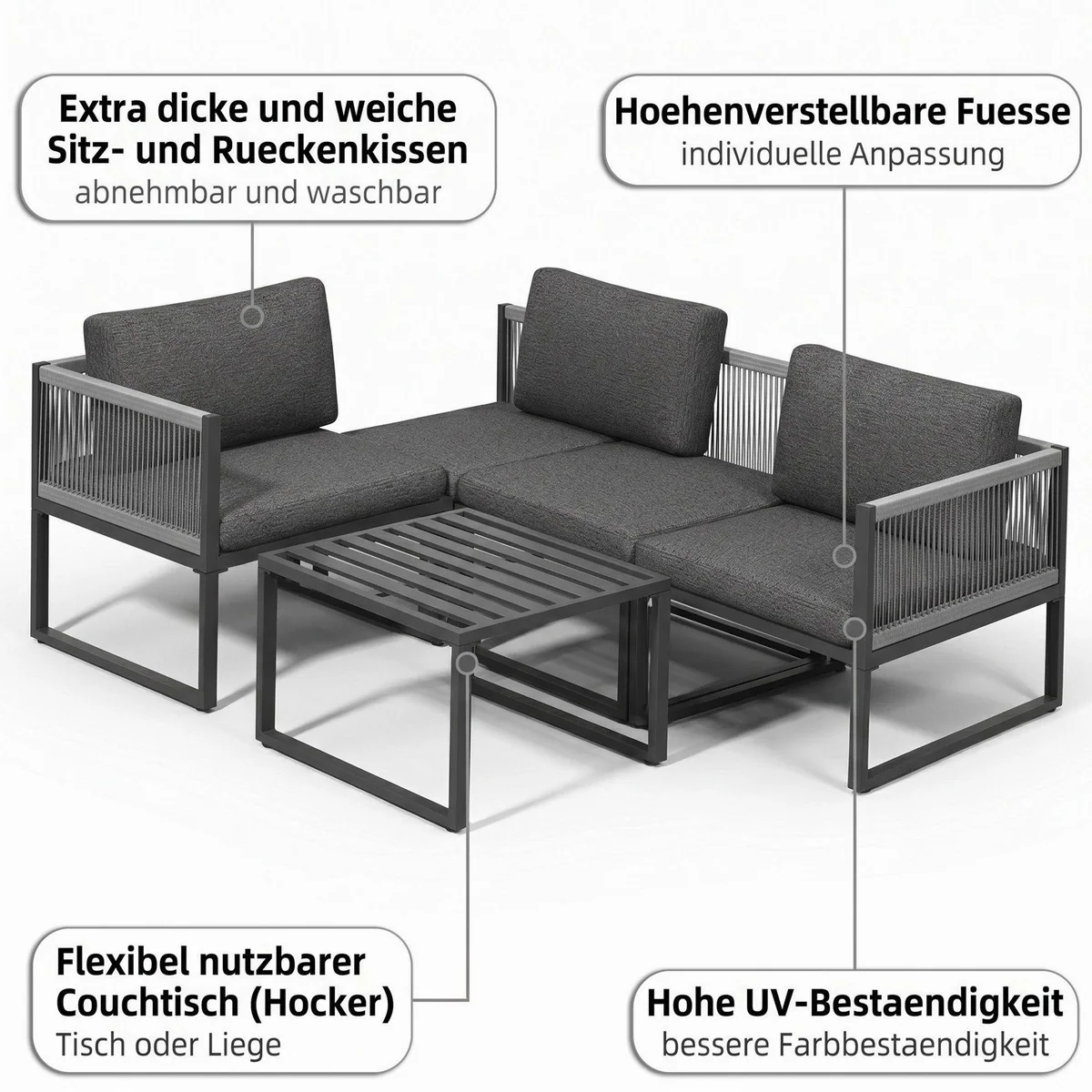 Mucola Aluminium Gartenlounge-Set, modular & wetterfest – 4-teilig für Terrasse, Balkon & Garten 5