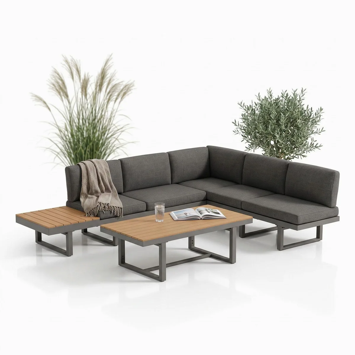 Mucola Gartenlounge-Set Aluminium, Ecksofa mit Liegefunktion, inkl. Kissen & Beistelltisch