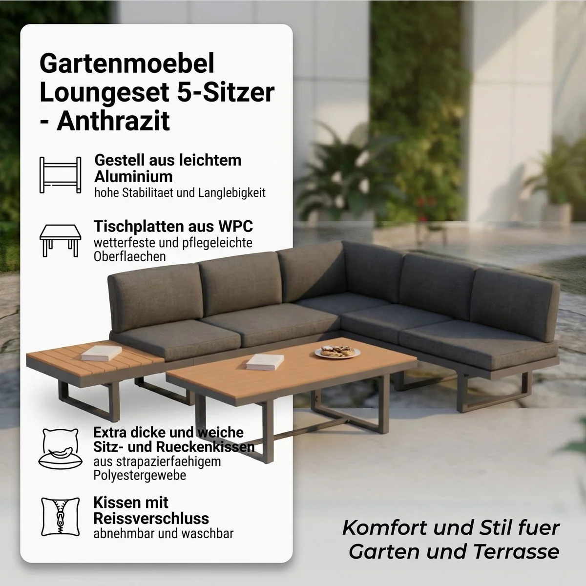 Mucola Gartenlounge-Set Aluminium, Ecksofa mit Liegefunktion, inkl. Kissen & Beistelltisch 2