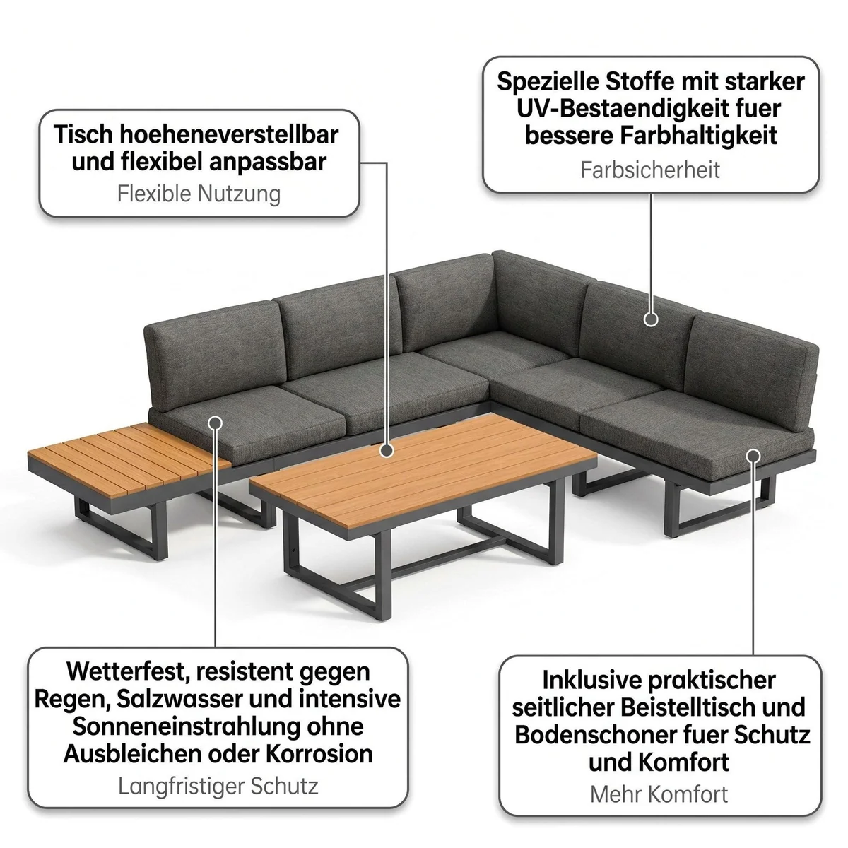 Mucola Gartenlounge-Set Aluminium, Ecksofa mit Liegefunktion, inkl. Kissen & Beistelltisch 4