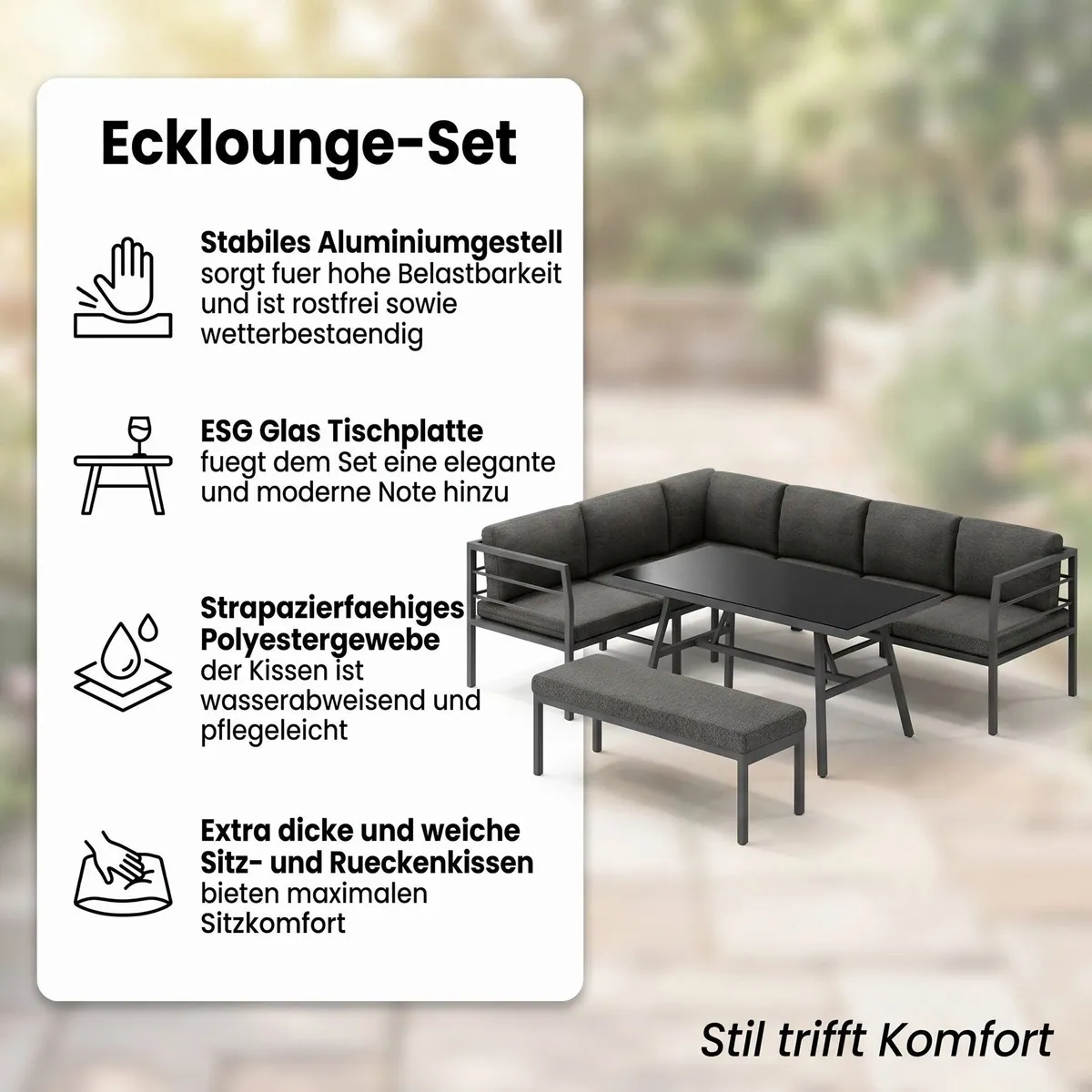 Mucola Gartenlounge-Set, wetterfest & elegant — 3-tlg. mit Tisch & Sitzbank 2