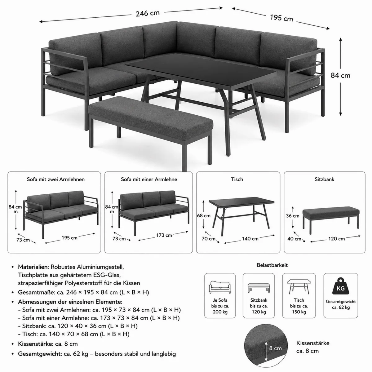 Mucola Gartenlounge-Set, wetterfest & elegant — 3-tlg. mit Tisch & Sitzbank 3