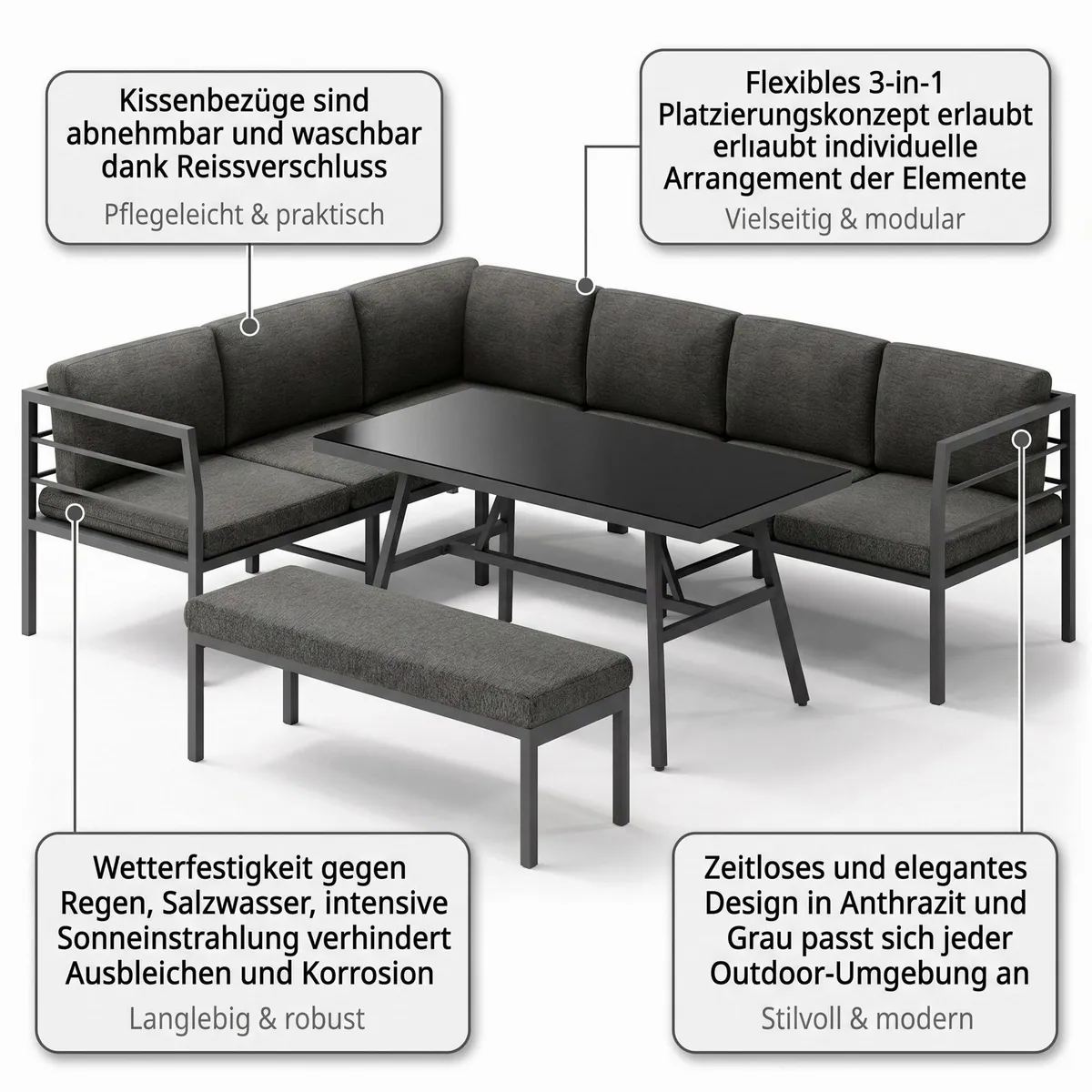 Mucola Gartenlounge-Set, wetterfest & elegant — 3-tlg. mit Tisch & Sitzbank 5