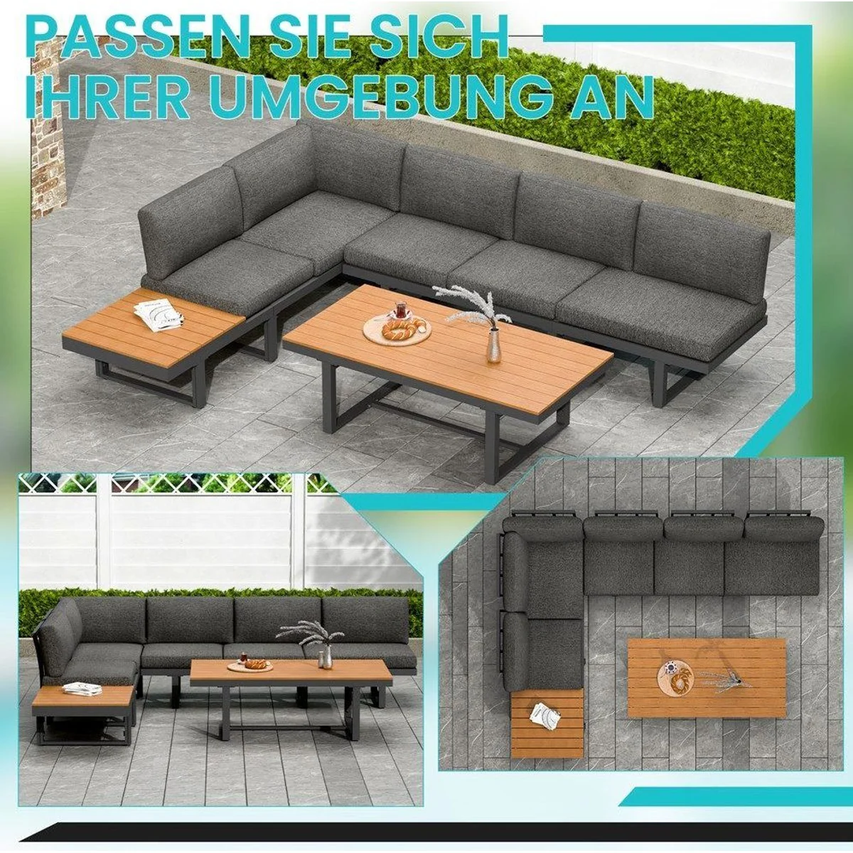 Mucola Gartenlounge-Set Ecklounge, wetterfest und flexibel — Aluminium, Kissen waschbar, inkl. Beistelltisch 2