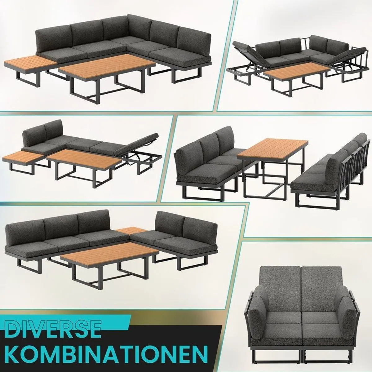 Mucola Gartenlounge-Set Ecklounge, wetterfest und flexibel — Aluminium, Kissen waschbar, inkl. Beistelltisch 3