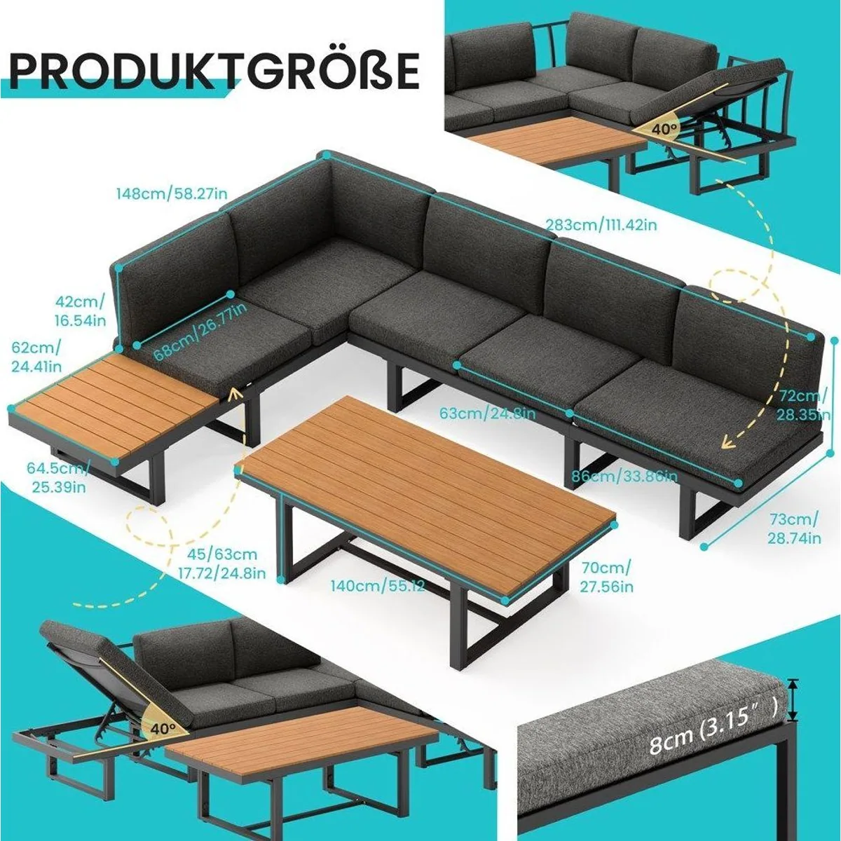 Mucola Gartenlounge-Set Ecklounge, wetterfest und flexibel — Aluminium, Kissen waschbar, inkl. Beistelltisch 5