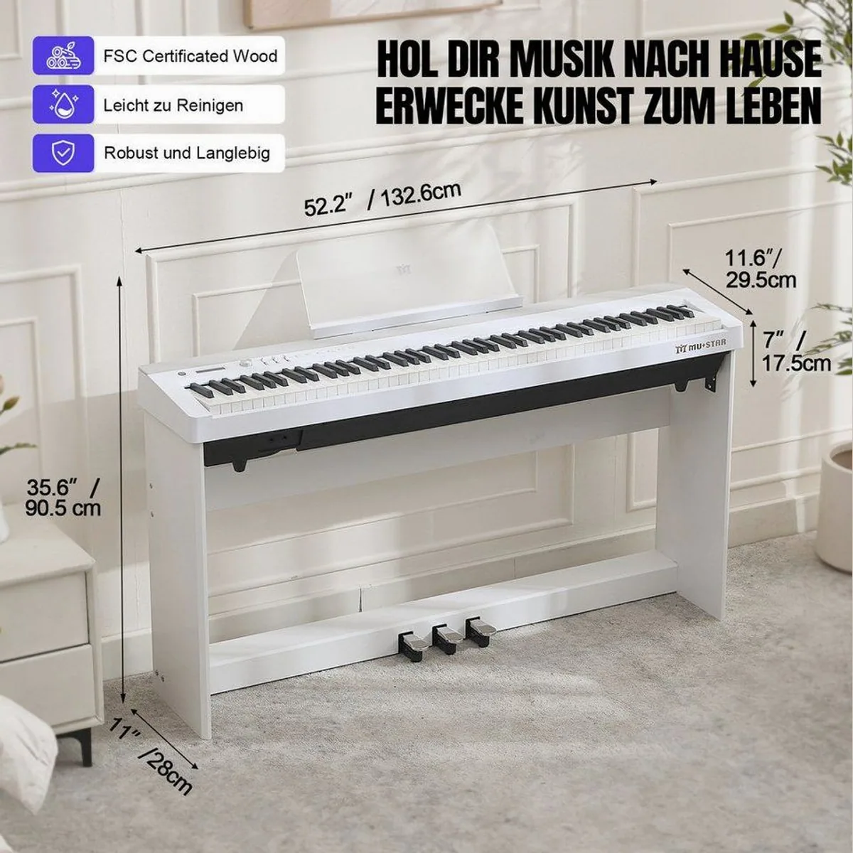 MUSTAR Digitalpiano mit Hammermechanik, 88 Tasten & 3 Pedalen 3