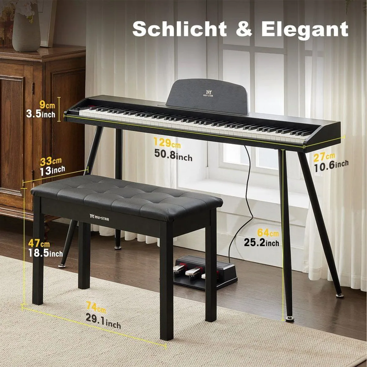 MUSTAR Digitalpiano, 88 anschlagdynamische Tasten, inkl. Klavierhocker & Pedale — ideal für Einsteiger 2