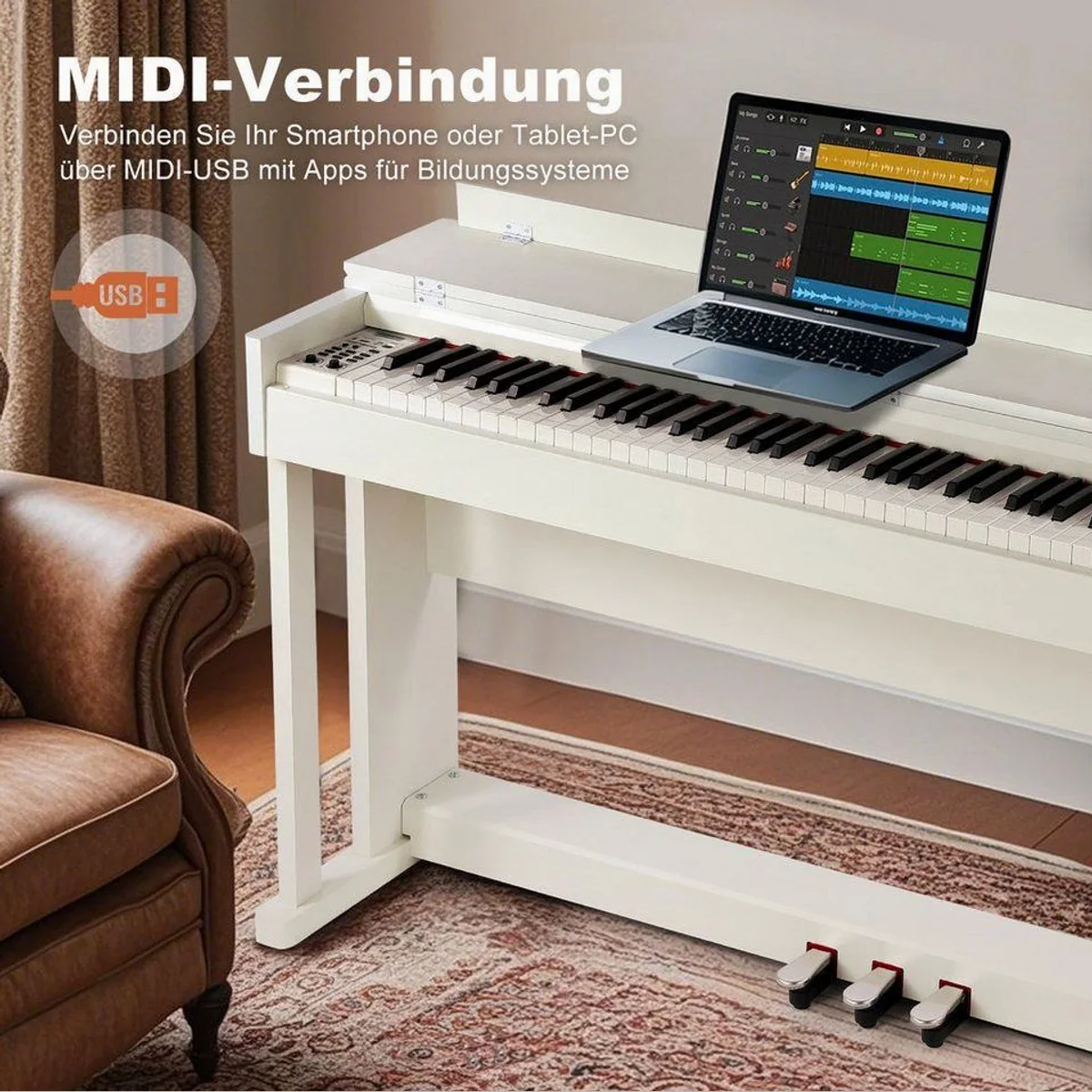 MUSTAR Digitalpiano 88 Tasten, Hammermechanik, USB/MIDI — vielfältige Klänge, inklusive Klavierhocker, Aufnahmefunktion 5