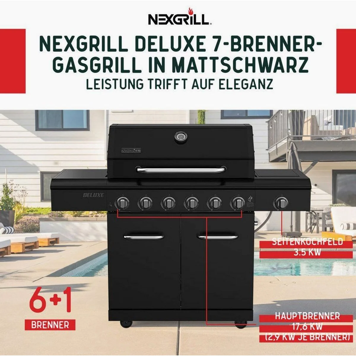 nexgrill Gasgrill 6B Deluxe, 6+1 Brenner, große Grillfläche, matt Schwarz 2