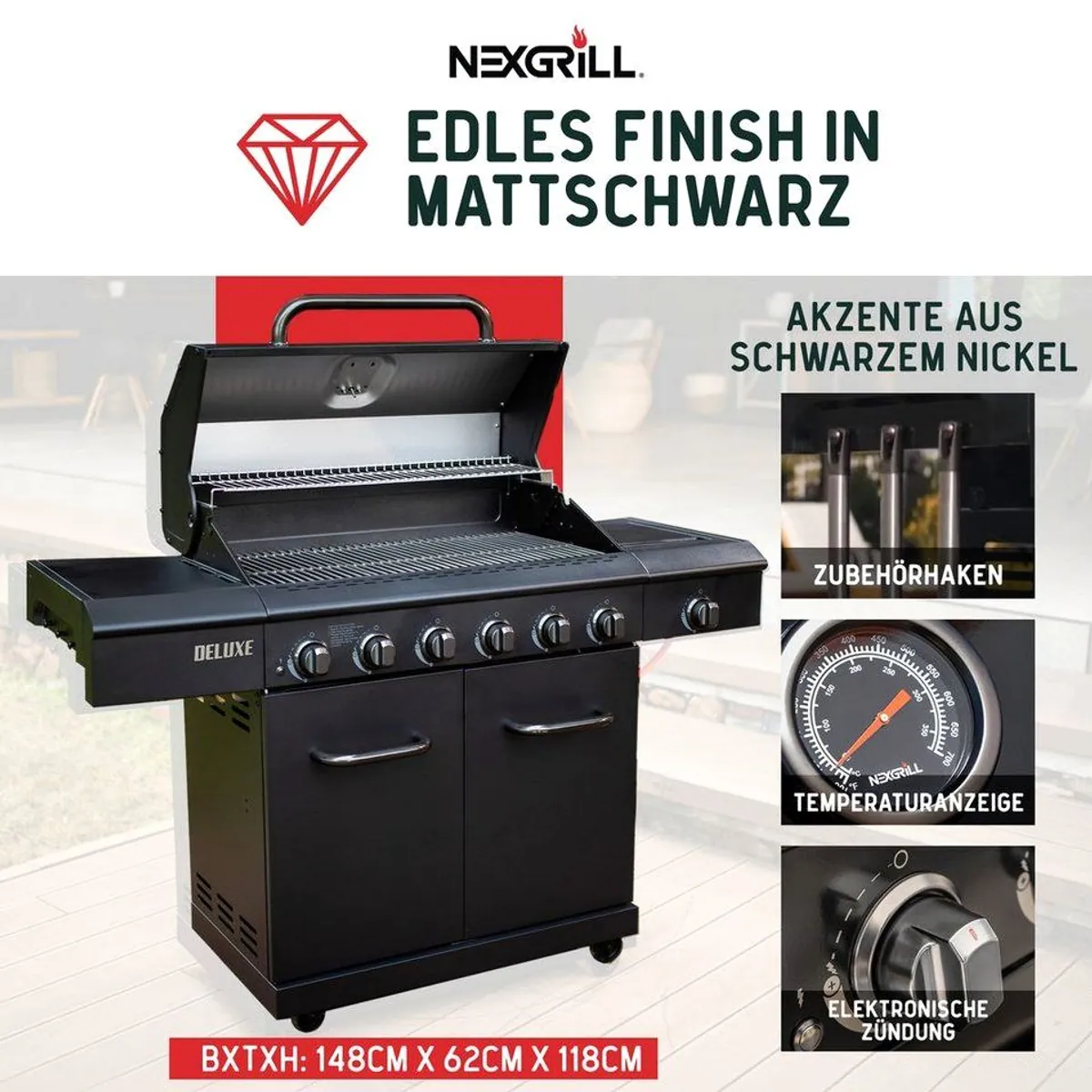 nexgrill Gasgrill 6B Deluxe, 6+1 Brenner, große Grillfläche, matt Schwarz 3