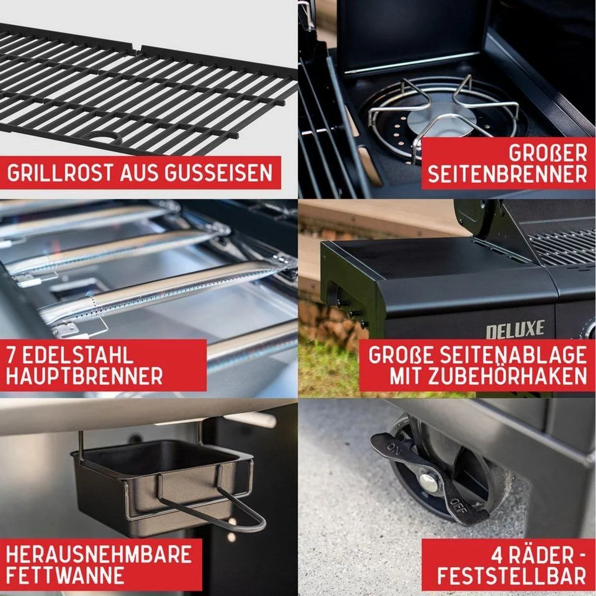 nexgrill Gasgrill 6B Deluxe, 6+1 Brenner, große Grillfläche, matt Schwarz 4