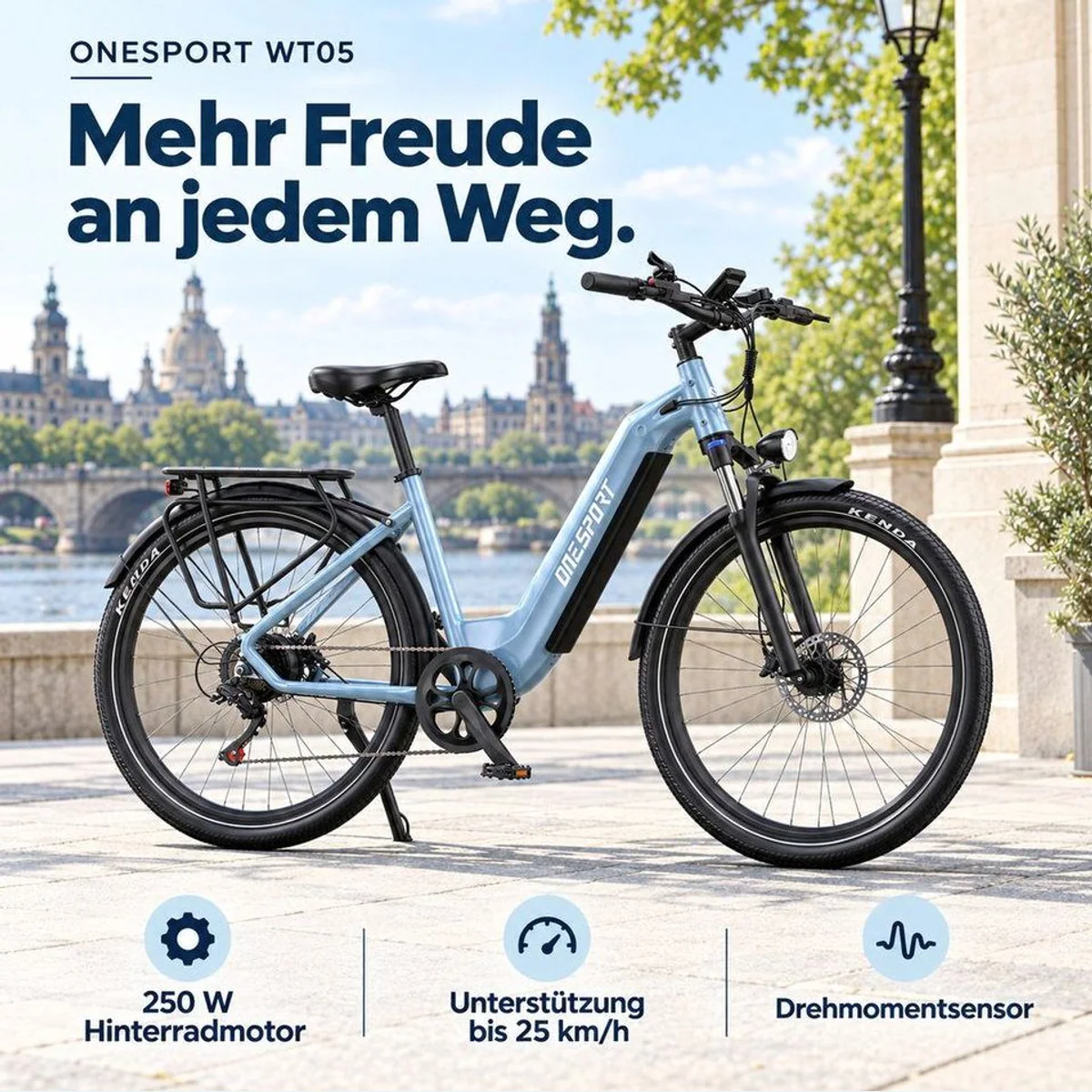Onesport OT05 E-Bike Cityrad, 655Wh Akku, 250W Heckmotor, Shimano 7-Gang 3
