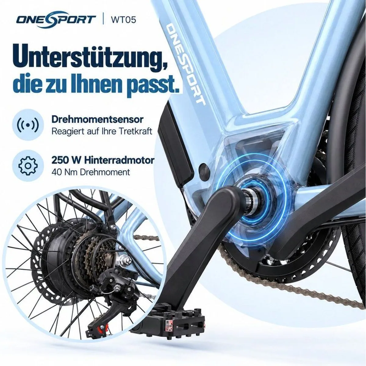 Onesport OT05 E-Bike Cityrad, 655Wh Akku, 250W Heckmotor, Shimano 7-Gang 4