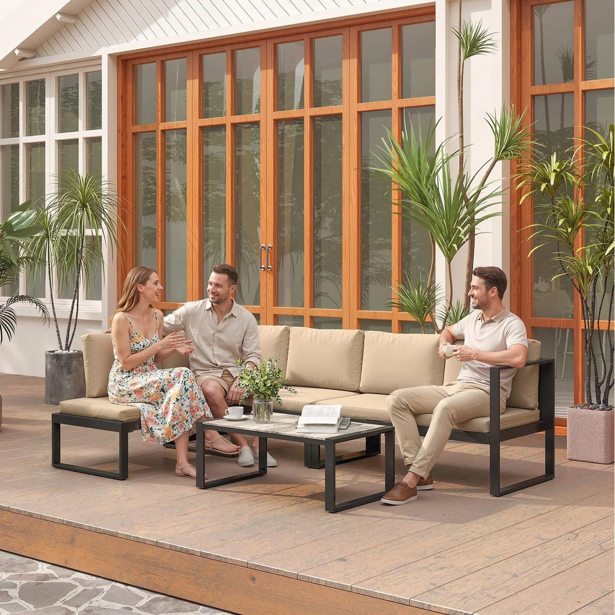 Outsunny Gartenmöbel Set, modulares 4-teiliges Sofa-Set mit Couchtisch — wetterfest, komfortable Kissen, robustes Design