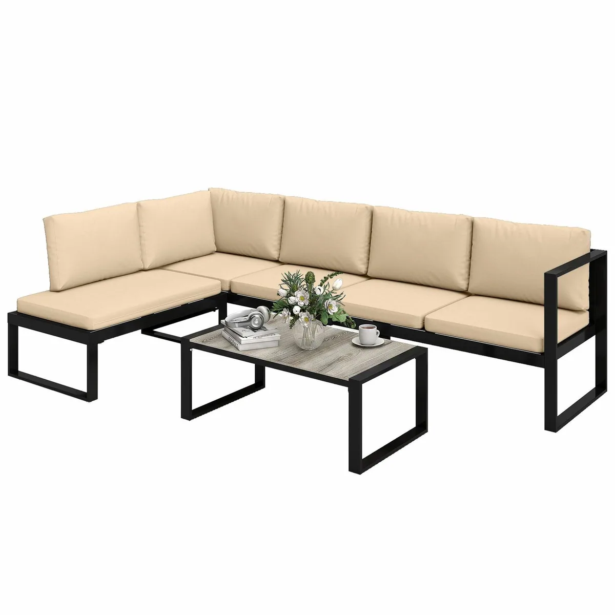 Outsunny Gartenmöbel Set, modulares 4-teiliges Sofa-Set mit Couchtisch — wetterfest, komfortable Kissen, robustes Design 2