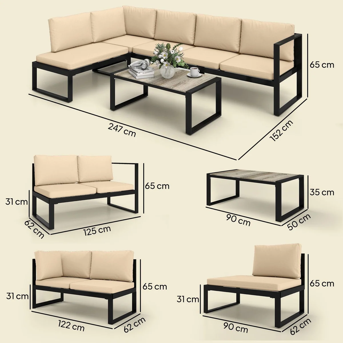 Outsunny Gartenmöbel Set, modulares 4-teiliges Sofa-Set mit Couchtisch — wetterfest, komfortable Kissen, robustes Design 3