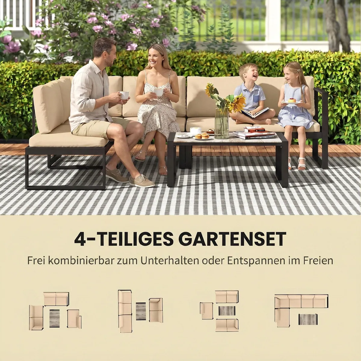 Outsunny Gartenmöbel Set, modulares 4-teiliges Sofa-Set mit Couchtisch — wetterfest, komfortable Kissen, robustes Design 4