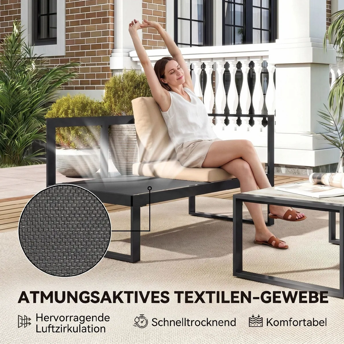 Outsunny Gartenmöbel Set, modulares 4-teiliges Sofa-Set mit Couchtisch — wetterfest, komfortable Kissen, robustes Design 5