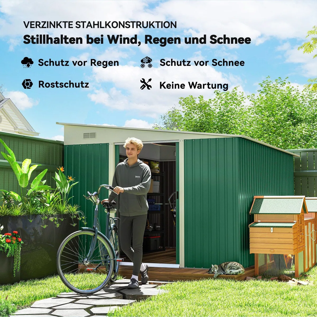 Outsunny Metall Geräteschuppen, wetterfest mit Pultdach — stabil, platzsparend, abschließbar 3