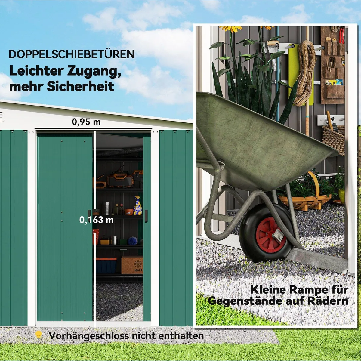 Outsunny Metall Geräteschuppen, wetterfest mit Pultdach — stabil, platzsparend, abschließbar 4