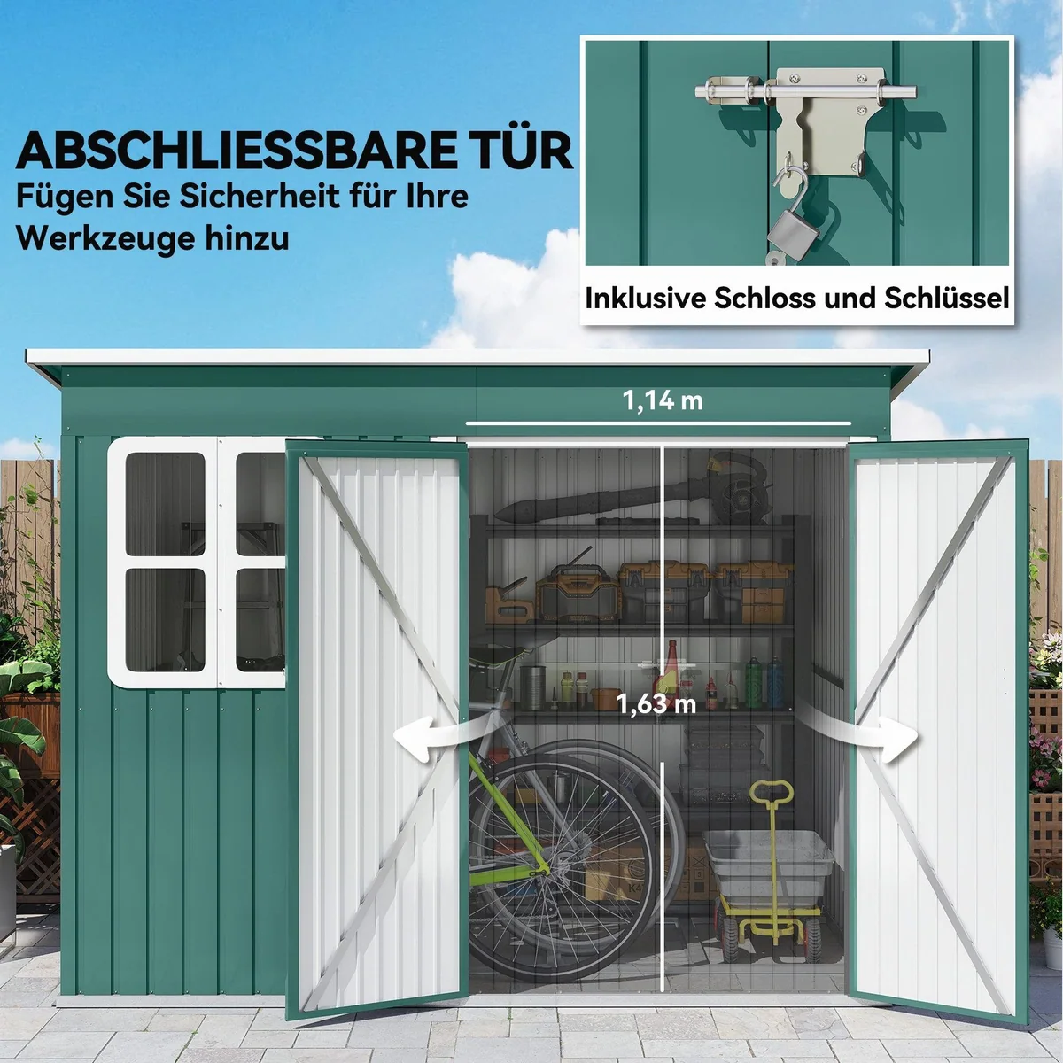 Outsunny Metall Gerätehaus 4,13 m², witterungsbeständig, mit Fenster und Schloss 4