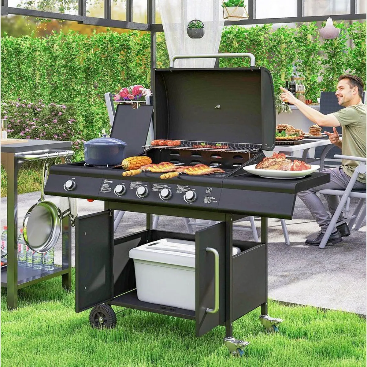Outsunny Gasgrill mit 5 Brennern, große Grillfläche, integriertes Thermometer