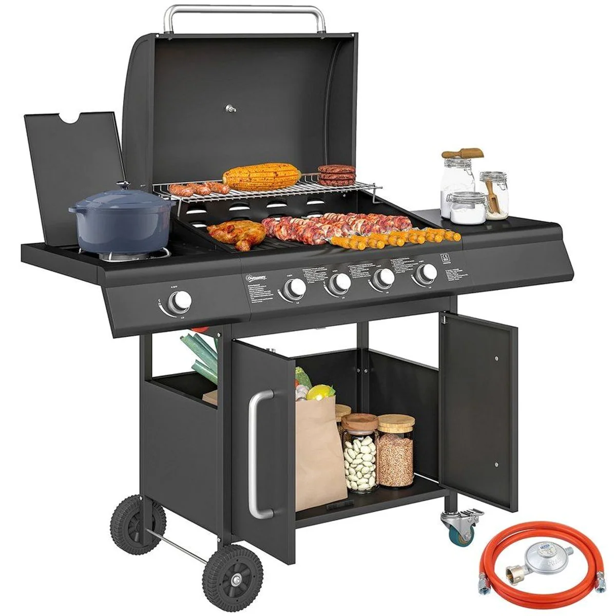 Outsunny Gasgrill mit 5 Brennern, große Grillfläche, integriertes Thermometer 2