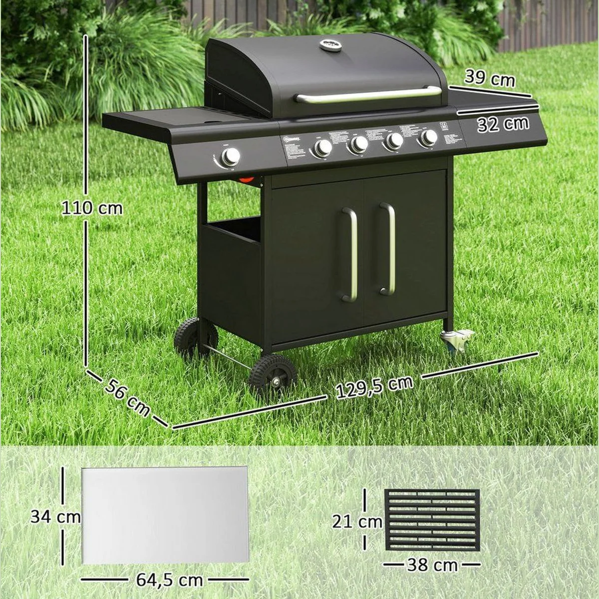 Outsunny Gasgrill mit 5 Brennern, große Grillfläche, integriertes Thermometer 3