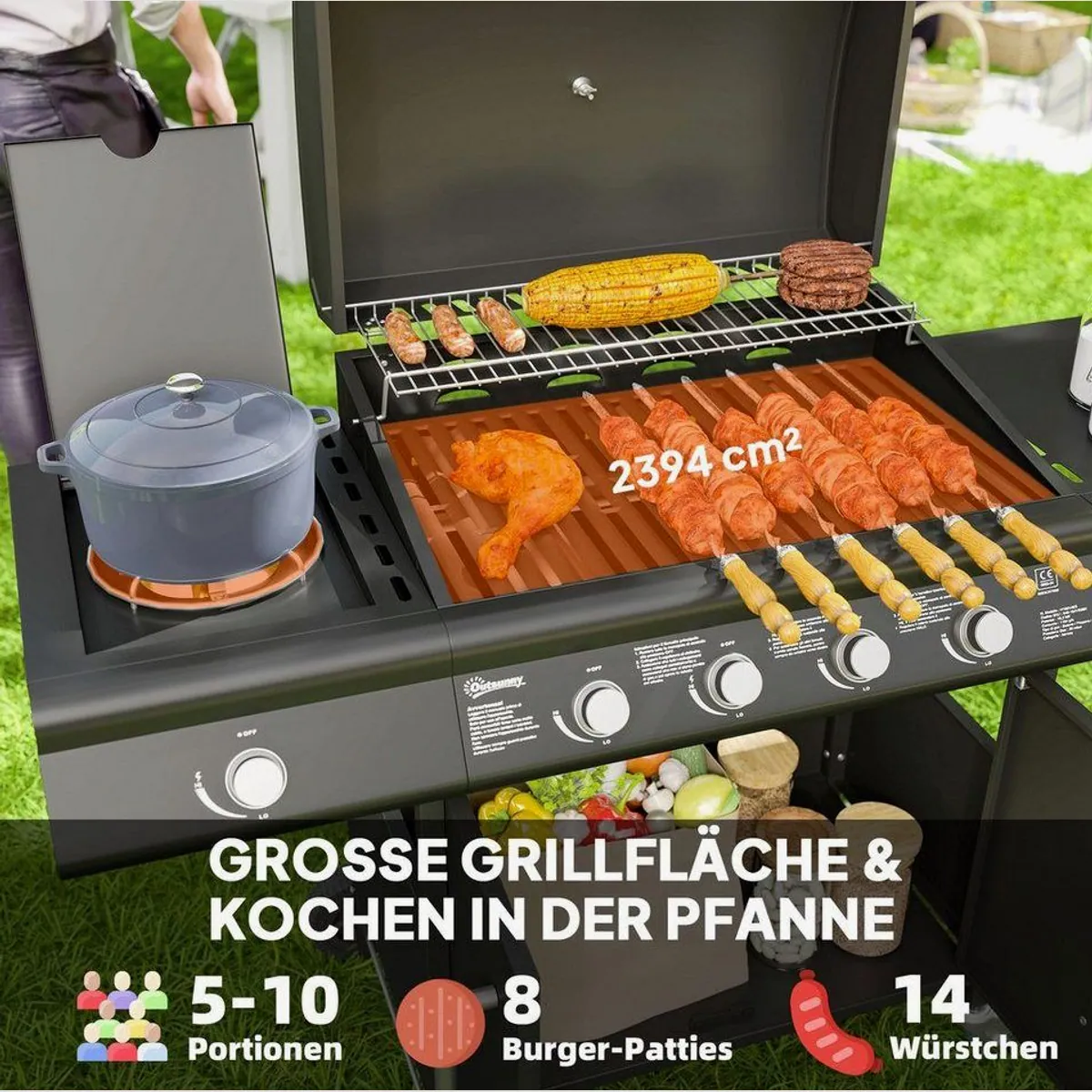 Outsunny Gasgrill mit 5 Brennern, große Grillfläche, integriertes Thermometer 4