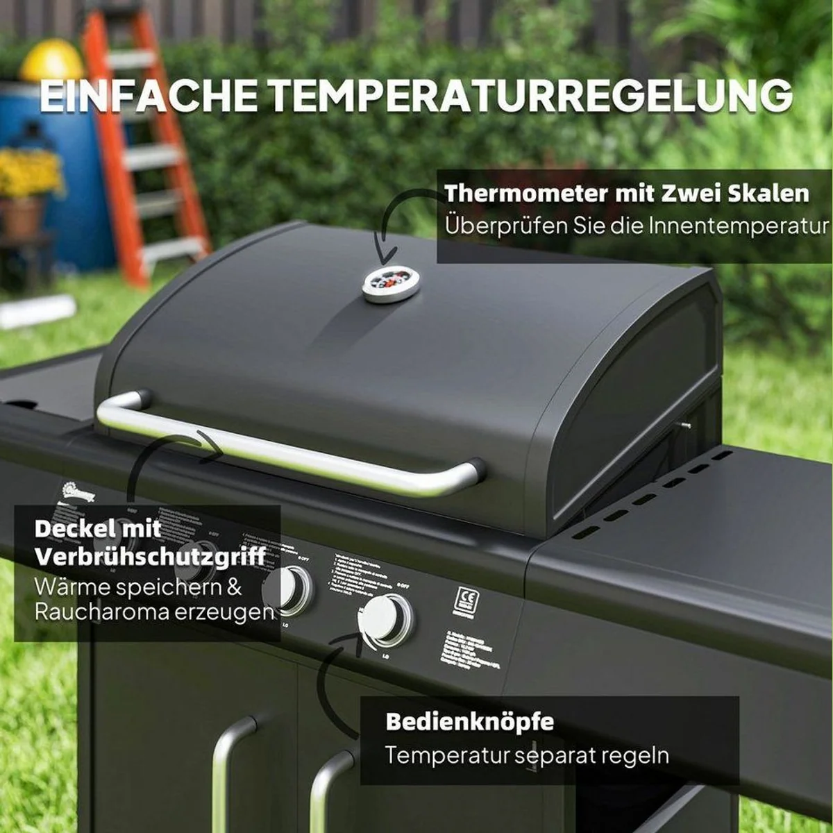 Outsunny Gasgrill mit 5 Brennern, große Grillfläche, integriertes Thermometer 5
